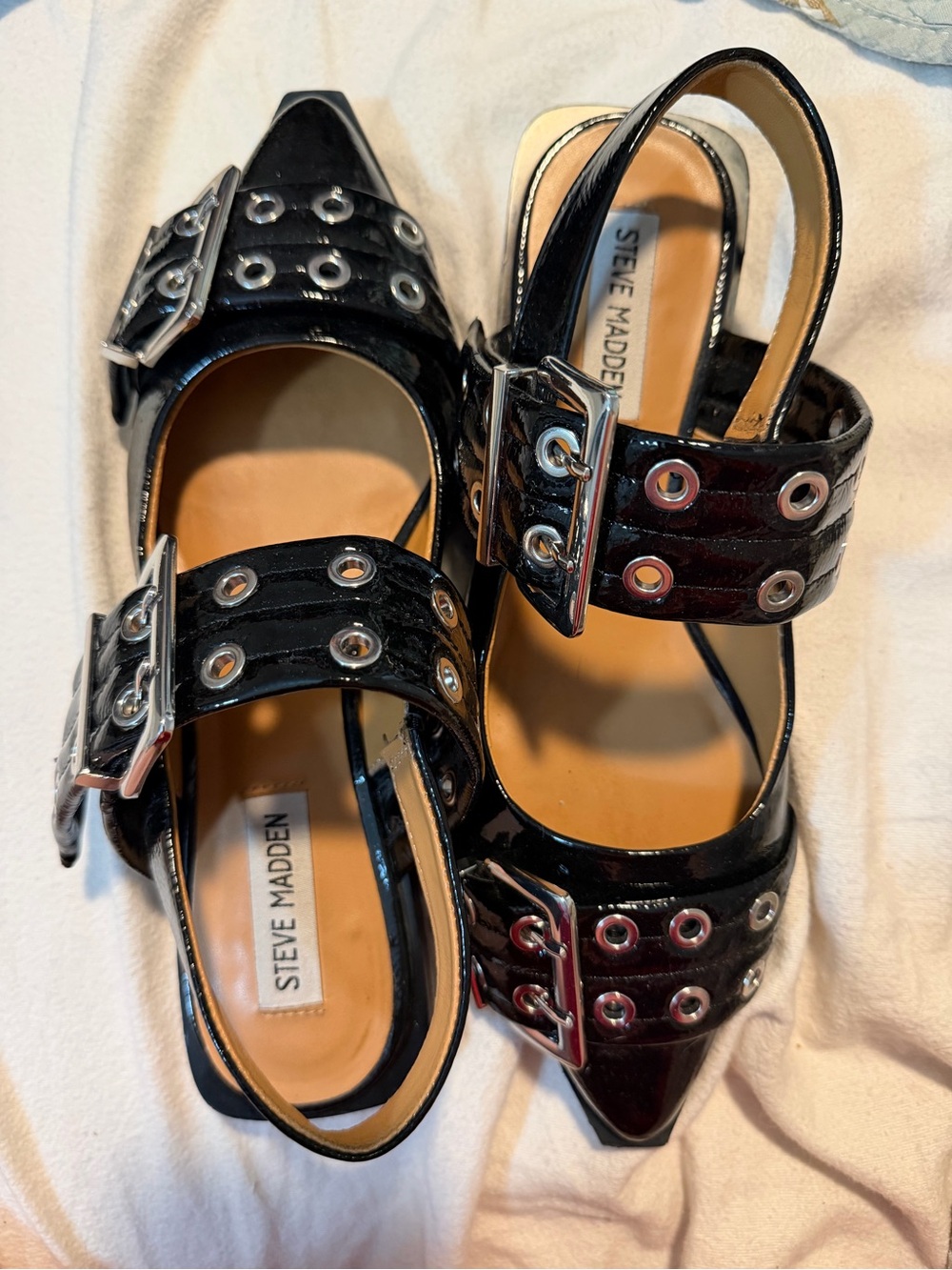Steve Madden Black Patent Grommet Strap Mules